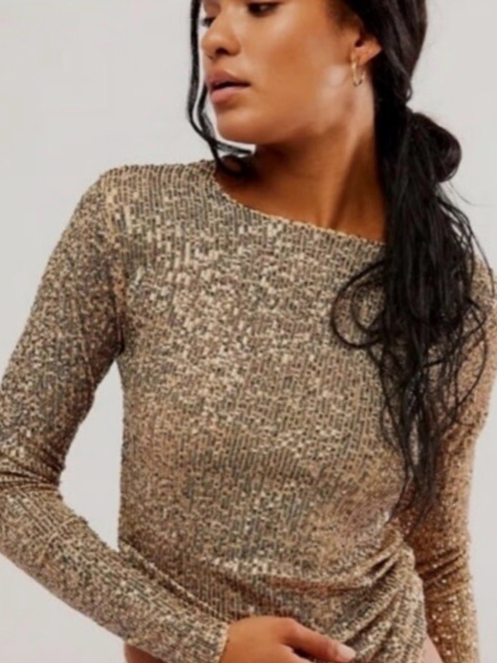 Free People - Intimately Gold Rush Long Sleeve Rose Gold Sequin Blouse Size Med
